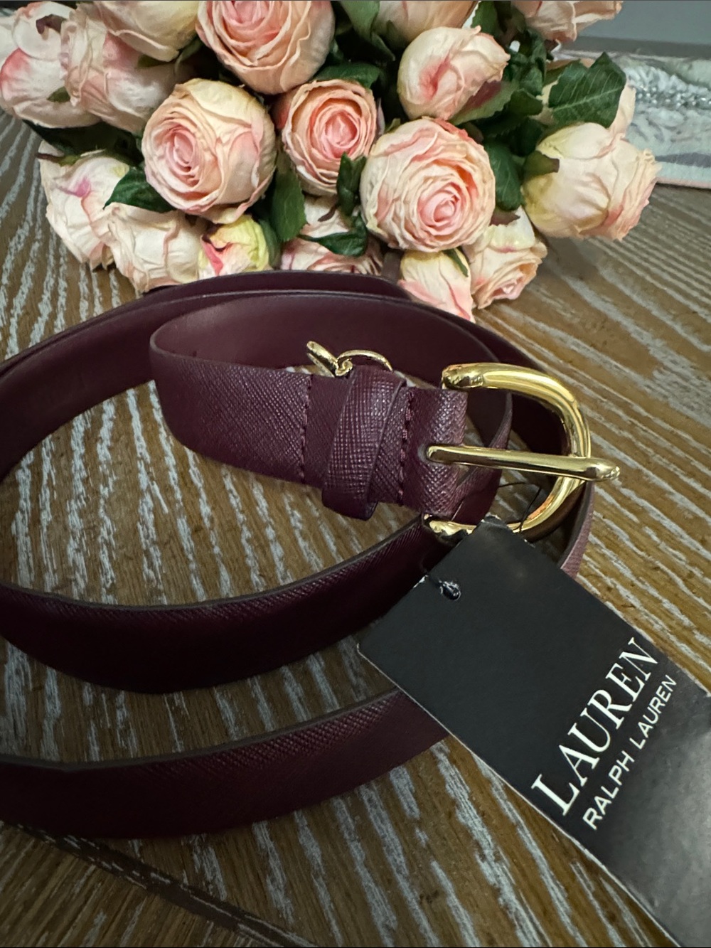 Polo by Ralph Lauren Burgundy Leather Belt with Gold Buckle
